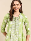 Women Mandarin Collar Printed Green Anarkali Kurta-KG-9001-Green