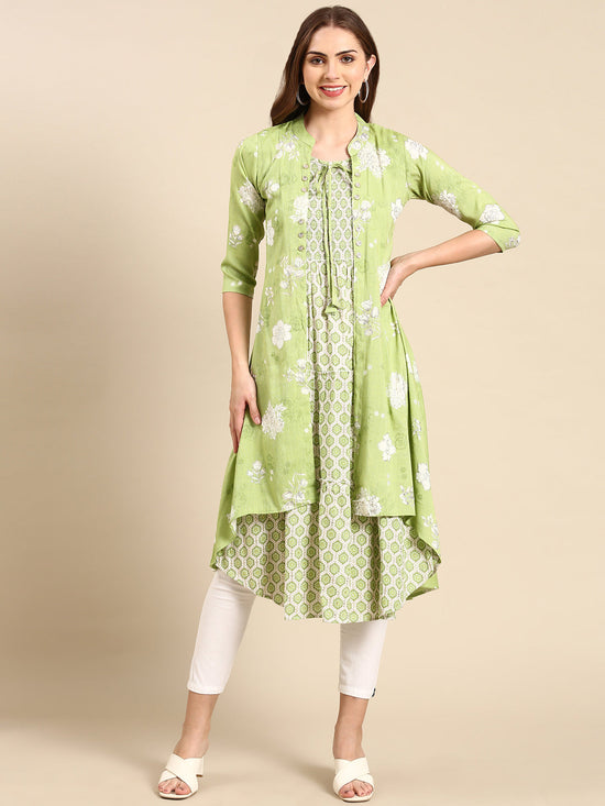 Women Mandarin Collar Printed Green Anarkali Kurta-KG-9001-Green