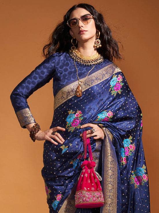 Saree Mall Women's Satin  Navy Blue Woven Design Designer Saree With Blouse Piece-KHALISI360001