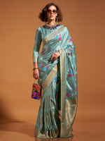 Saree Mall Women's Satin  Light Blue Woven Design Designer Saree With Blouse Piece-KHALISI360002