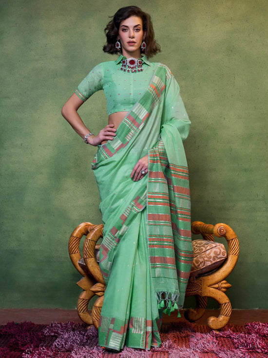 Saree Mall Women's  Blend Sea Green Woven Design Designer Saree With Blouse Piece-KHAWISH368001