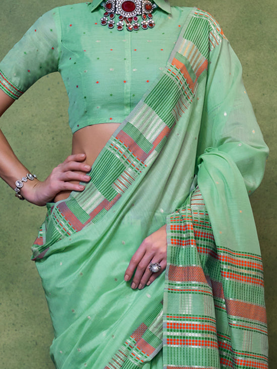 Saree Mall Women's  Blend Sea Green Woven Design Designer Saree With Blouse Piece-KHAWISH368001