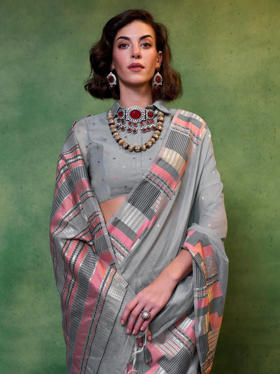 Saree Mall Women's  Blend Grey Woven Design Designer Saree With Blouse Piece-KHAWISH368005