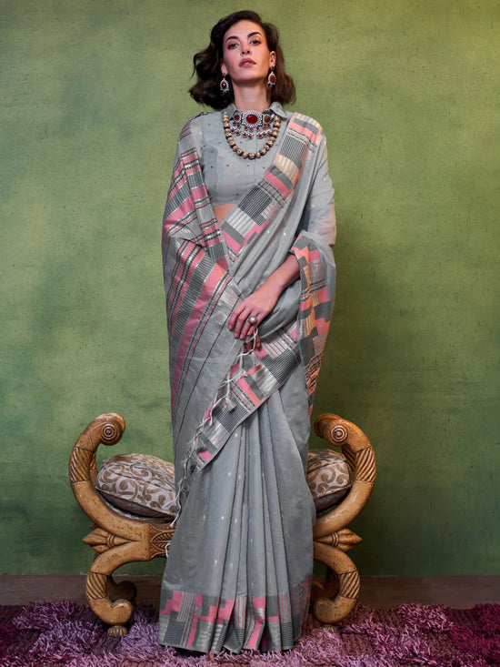 Saree Mall Women's  Blend Grey Woven Design Designer Saree With Blouse Piece-KHAWISH368005