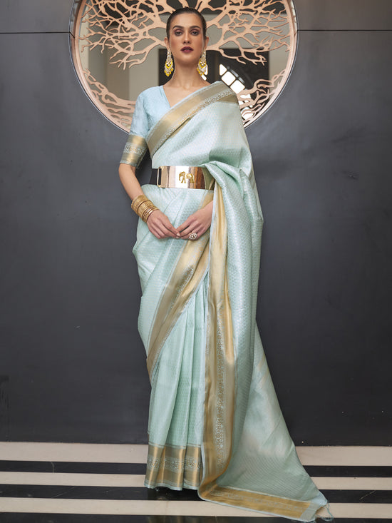 Saree Mall Women's  Blend Turquoise Woven Design Designer Saree With Blouse Piece-KHITAB245005