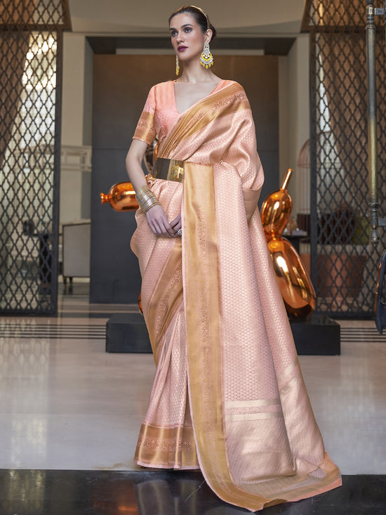 Saree Mall Women's  Blend Peach Woven Design Designer Saree With Blouse Piece-KHITAB245006