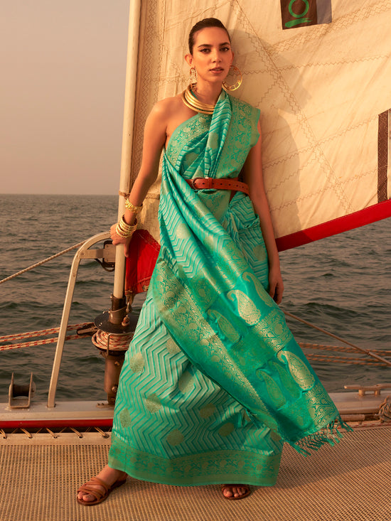 Saree Mall Women's  Blend Sea Green Woven Design Designer Saree With Blouse Piece-KING305009