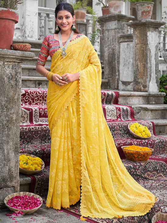 Saree Mall Women's Chiffon Yellow Embellished Designer Saree With Blouse Piece-KINJAL4268