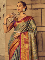 Saree Mall Women's  Blend Teal Blue Woven Design Designer Saree With Blouse Piece-KINKHAB1201