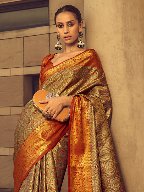 Saree Mall Women's  Blend Gold Woven Design Designer Saree With Blouse Piece-KINKHAB1203