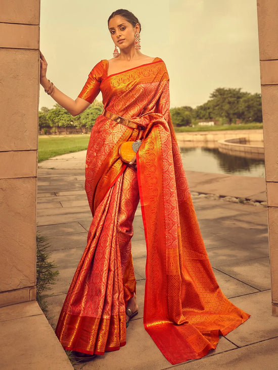 Saree Mall Women's  Blend Peach Woven Design Designer Saree With Blouse Piece-KINKHAB1205