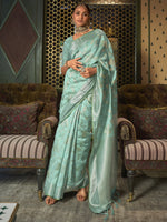 Saree Mall Women's  Blend Sea Green Woven Design Designer Saree With Blouse Piece-KISHIR286006