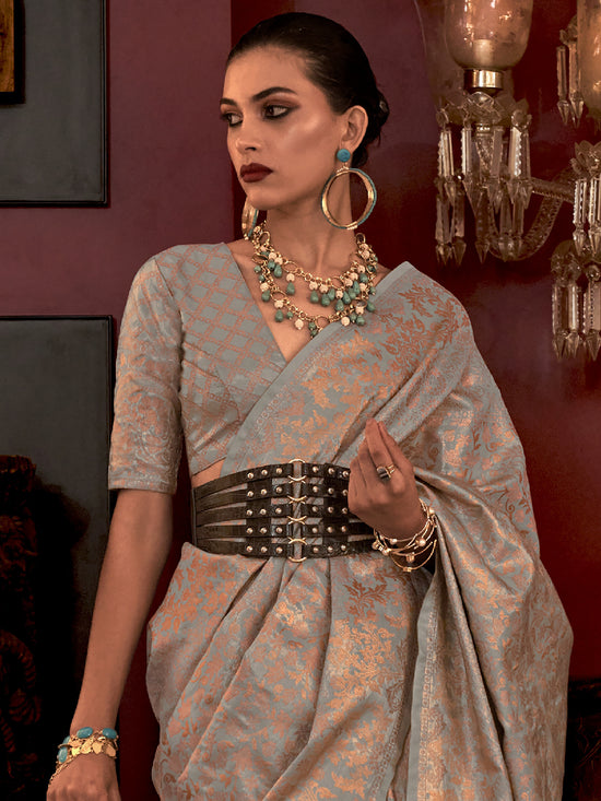 Saree Mall Women's  Blend Grey Woven Design Designer Saree With Blouse Piece-KLKATI327004