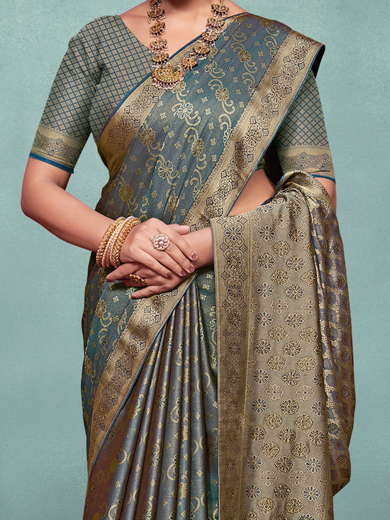 Saree Mall Women's Pure  Teal Blue Woven Design Designer Saree With Blouse Piece-KLKRUTI5185