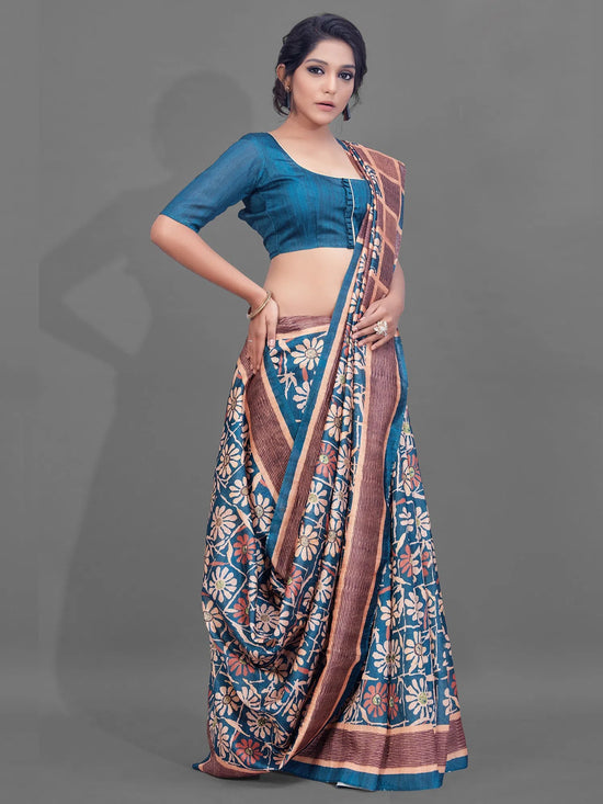 Saree Mall Women's Manipuri  Blue Digital Print Designer Saree With Blouse Piece-KLMK15B