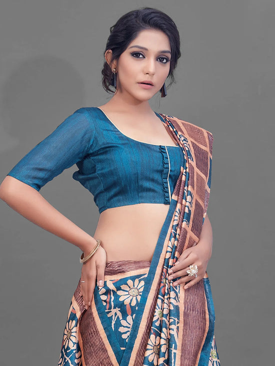 Saree Mall Women's Manipuri  Blue Digital Print Designer Saree With Blouse Piece-KLMK15B