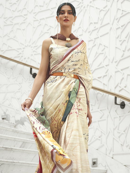 Saree Mall Women's Crepe Cream Digital Print Celebrity Saree With Blouse Piece-KLMKR232007