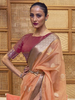 Saree Mall Women's Organza Peach Woven Design Designer Saree With Blouse Piece-KLON248002