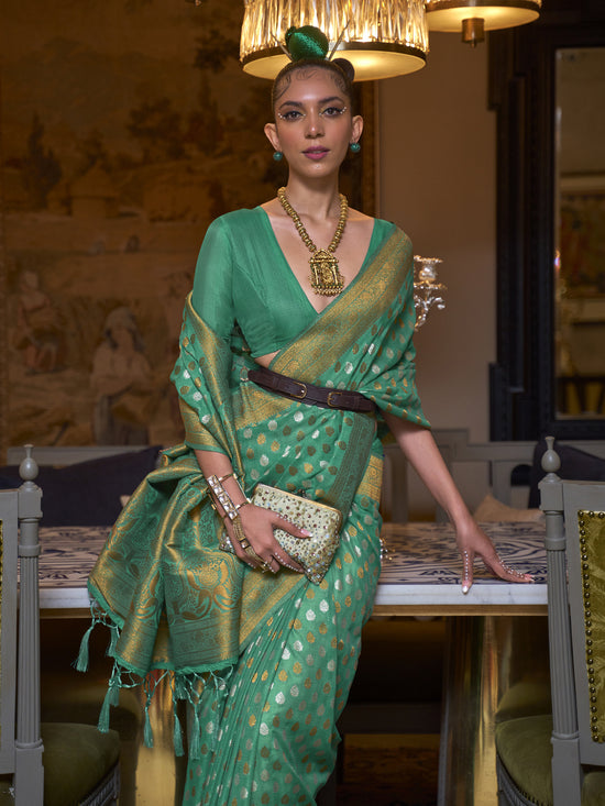 Saree Mall Women's  Blend Sea Green Woven Design Designer Saree With Blouse Piece-KLOSET294001