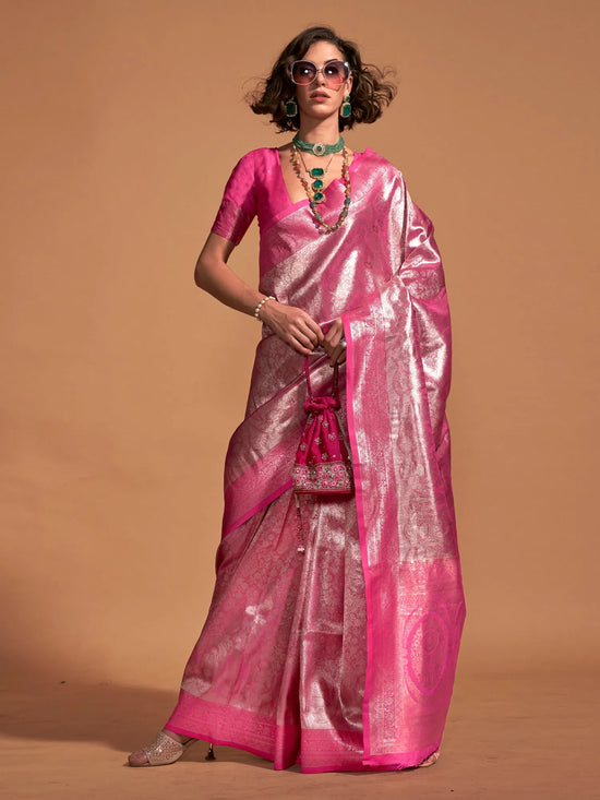 Saree Mall Women's Kanjeevaram  Pink Woven Design Designer Saree With Blouse Piece-KNJPURM358001