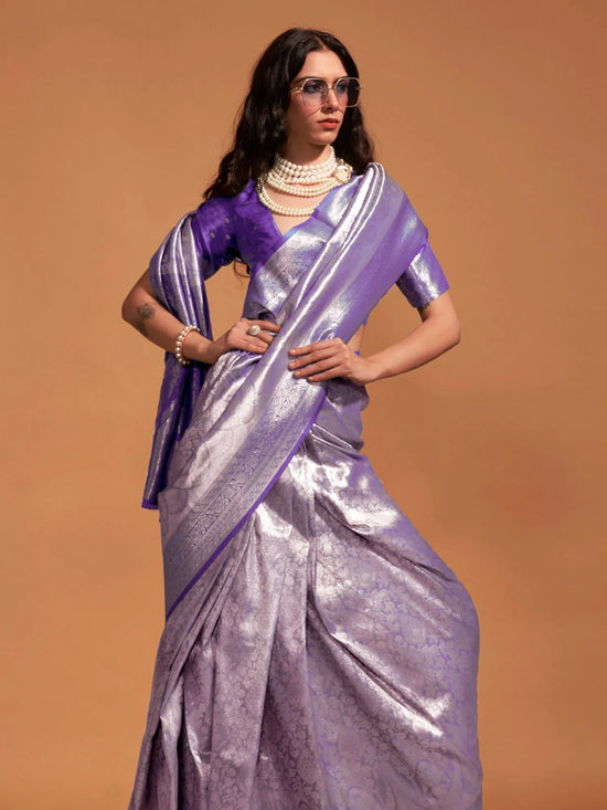 Saree Mall Women's Kanjeevaram  Purple Woven Design Designer Saree With Blouse Piece-KNJPURM358006