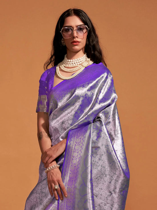 Saree Mall Women's Kanjeevaram  Purple Woven Design Designer Saree With Blouse Piece-KNJPURM358006