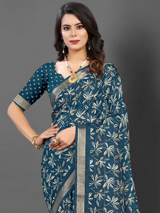 Saree Mall Women's  Blend Teal Blue Printed Designer Saree With Blouse Piece-KNKAVTI11E