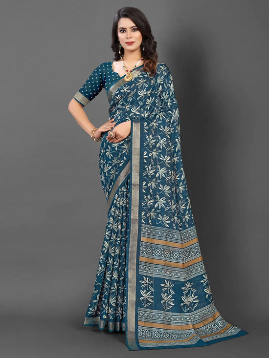 Saree Mall Women's  Blend Teal Blue Printed Designer Saree With Blouse Piece-KNKAVTI11E