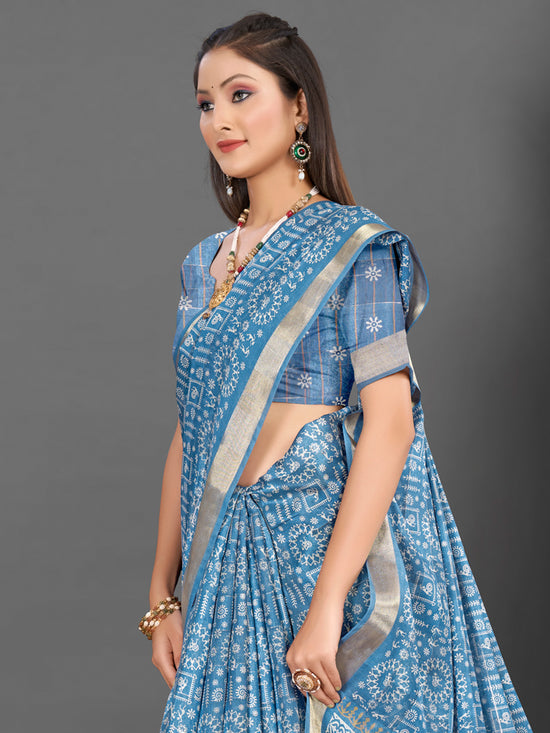 Saree Mall Women's  Blend Blue Printed Designer Saree With Blouse Piece-KNKAVTI15A