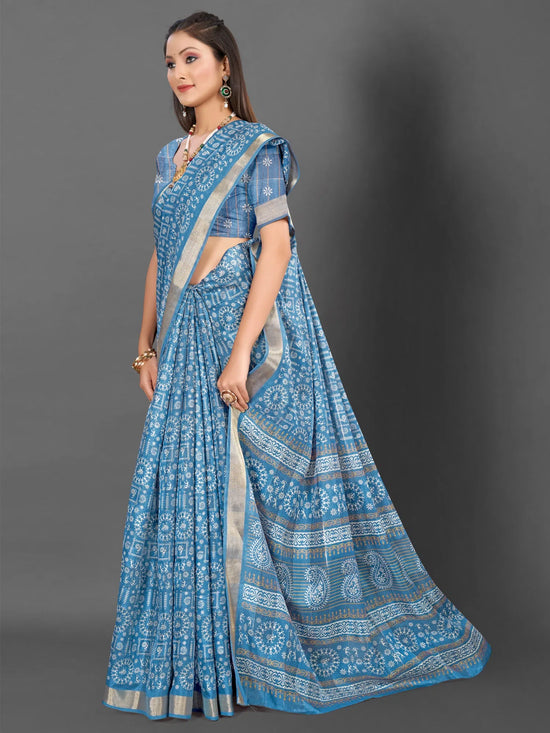 Saree Mall Women's  Blend Blue Printed Designer Saree With Blouse Piece-KNKAVTI15A