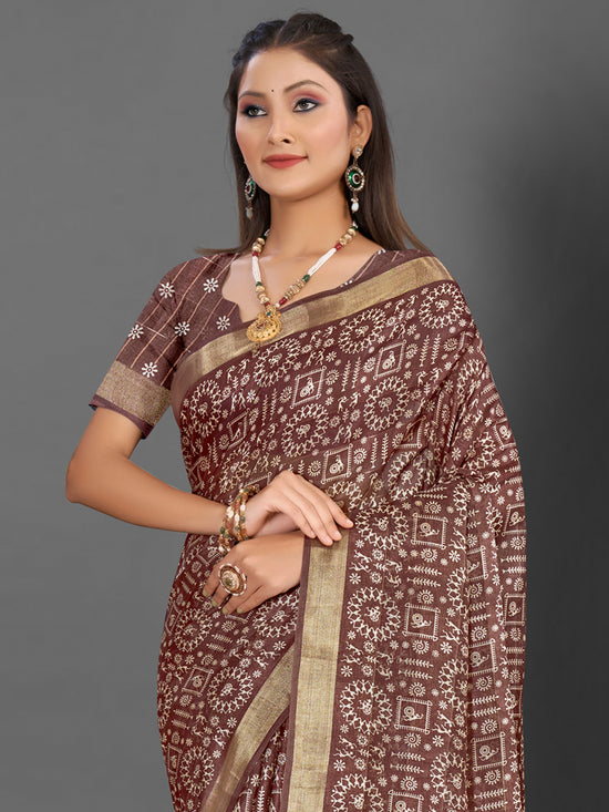 Saree Mall Women's  Blend Brown Printed Designer Saree With Blouse Piece-KNKAVTI15B