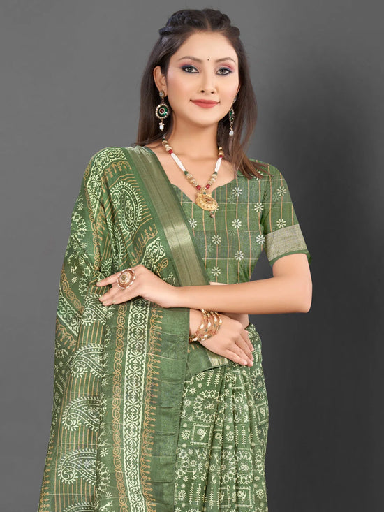 Saree Mall Women's  Blend Olive Printed Designer Saree With Blouse Piece-KNKAVTI15C