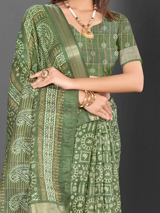 Saree Mall Women's  Blend Olive Printed Designer Saree With Blouse Piece-KNKAVTI15C