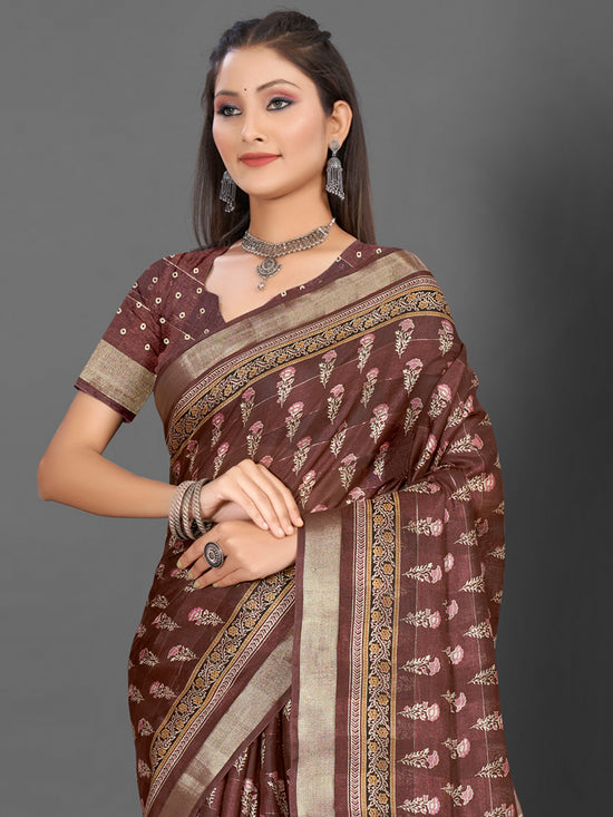 Saree Mall Women's  Blend Brown Printed Designer Saree With Blouse Piece-KNKAVTI17A