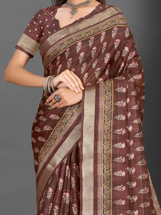 Saree Mall Women's  Blend Brown Printed Designer Saree With Blouse Piece-KNKAVTI17A