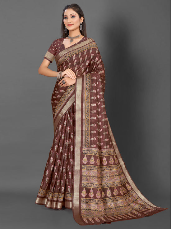 Saree Mall Women's  Blend Brown Printed Designer Saree With Blouse Piece-KNKAVTI17A