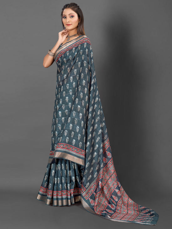 Saree Mall Women's  Blend Grey Printed Designer Saree With Blouse Piece-KNKAVTI17B