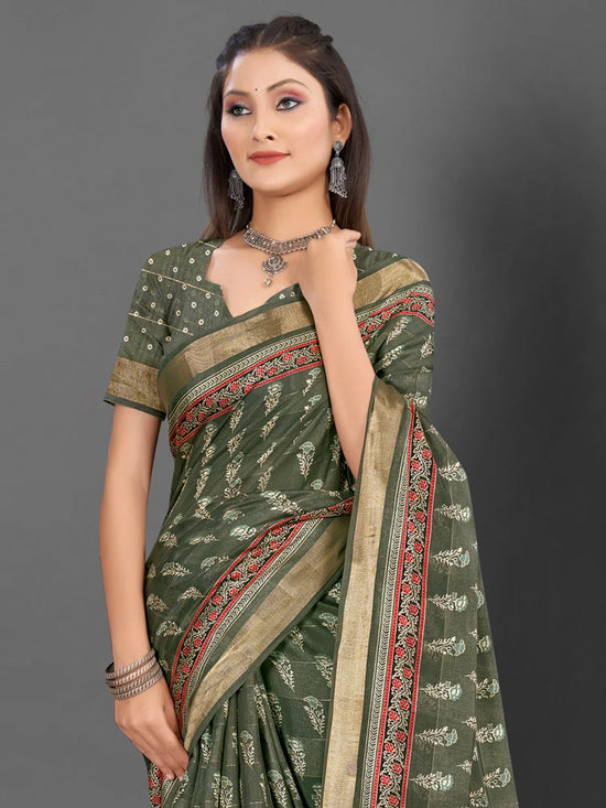 Saree Mall Women's  Blend Olive Printed Designer Saree With Blouse Piece-KNKAVTI17C