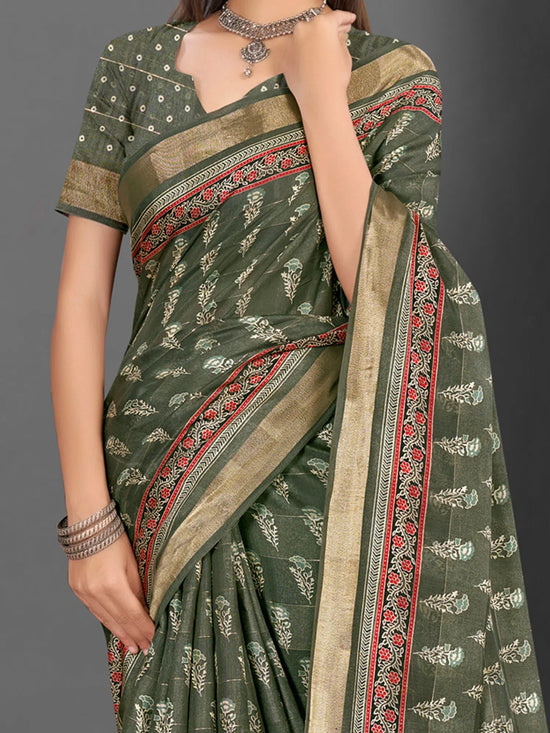 Saree Mall Women's  Blend Olive Printed Designer Saree With Blouse Piece-KNKAVTI17C