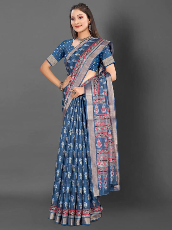 Saree Mall Women's  Blend Teal Blue Printed Designer Saree With Blouse Piece-KNKAVTI17H