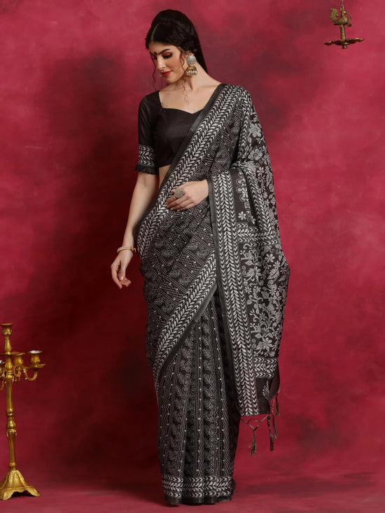 Saree Mall Women's Manipuri  Black Printed Designer Saree With Blouse Piece-KNTHAC1008