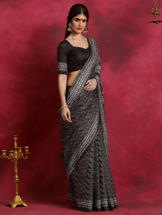 Saree Mall Women's Manipuri  Black Printed Designer Saree With Blouse Piece-KNTHAC1008