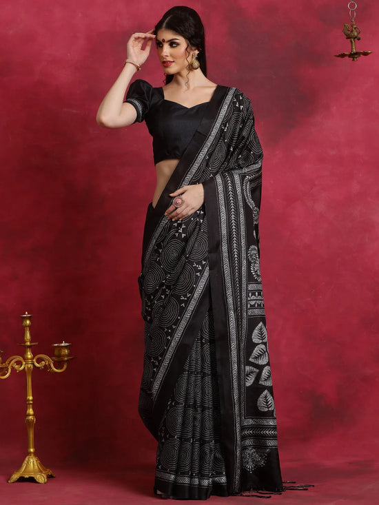 Saree Mall Women's Manipuri  Black Printed Designer Saree With Blouse Piece-KNTHAC903