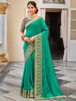 Saree Mall Women's Vichitra  Turquoise Embellished Designer Saree With Blouse Piece-KNTRA30133