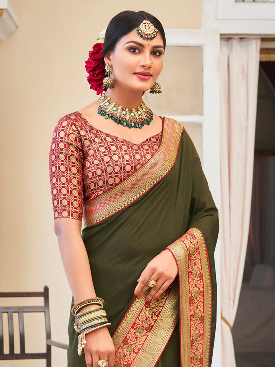 Saree Mall Women's Vichitra  Olive Embellished Designer Saree With Blouse Piece-KNTRA30135