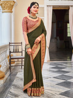 Saree Mall Women's Vichitra  Olive Embellished Designer Saree With Blouse Piece-KNTRA30135