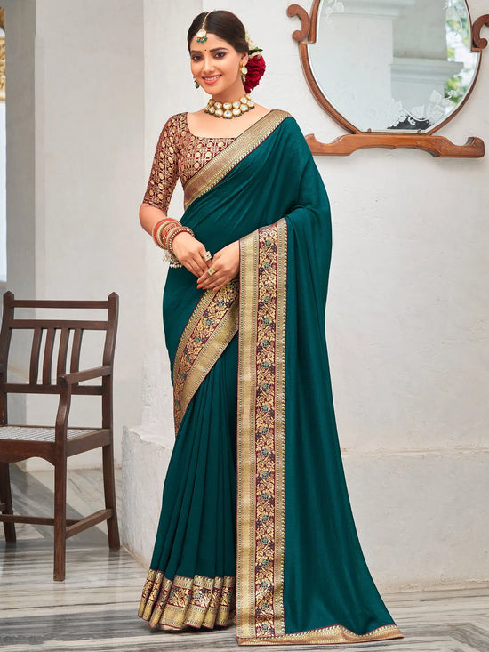 Saree Mall Women's Vichitra  Teal Blue Embellished Designer Saree With Blouse Piece-KNTRA30136