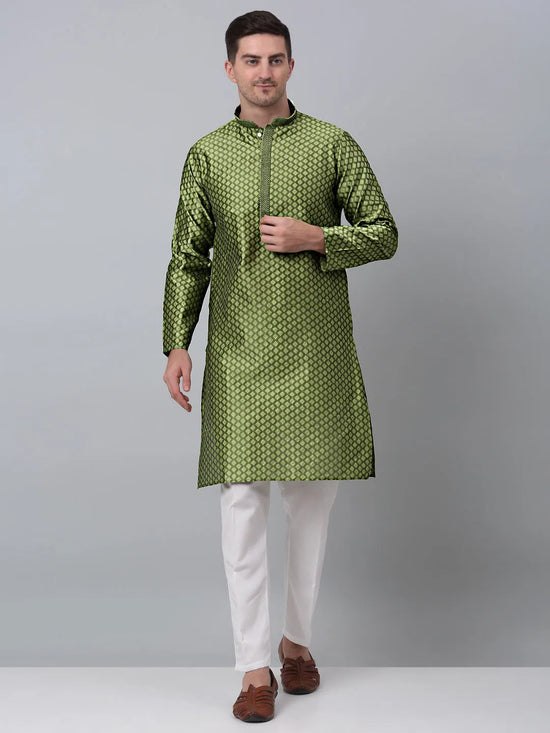 Men's Olive Green Collar Embroidered Kurta.-KO-5002Olive