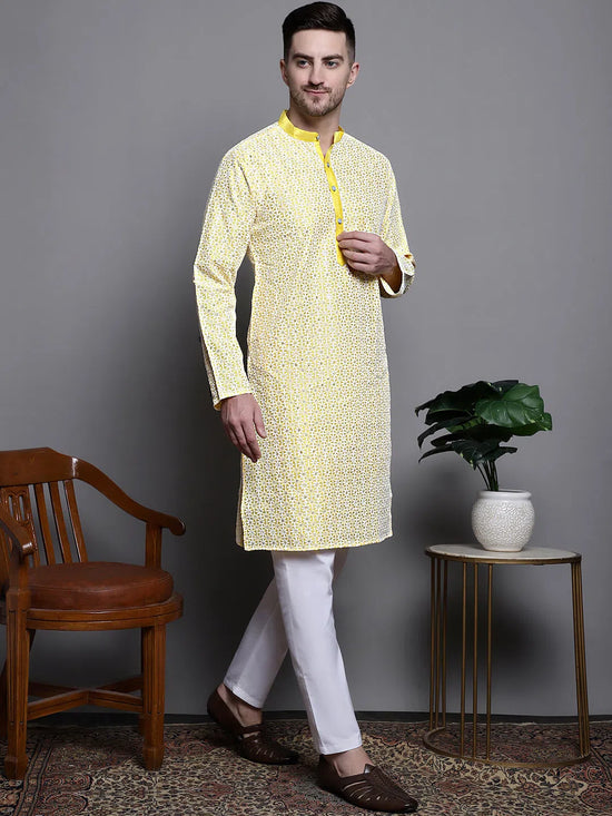 Sequin Embroidered Silk Blend Kurtas-KO-5007Yellow