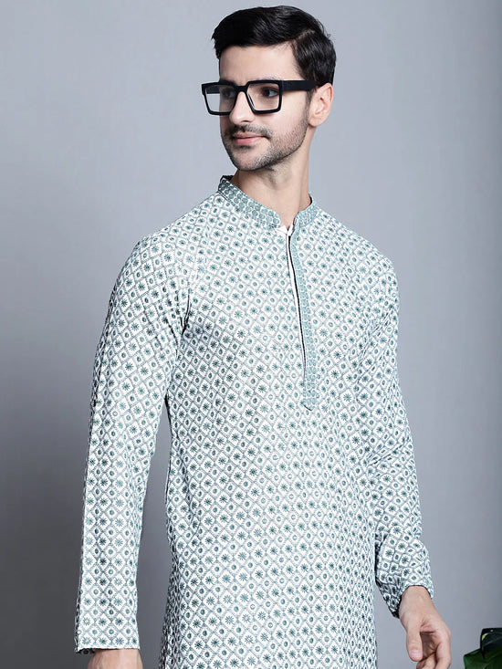 Men's Chikankari Embroidered Kurtas.-KO-5009Blue